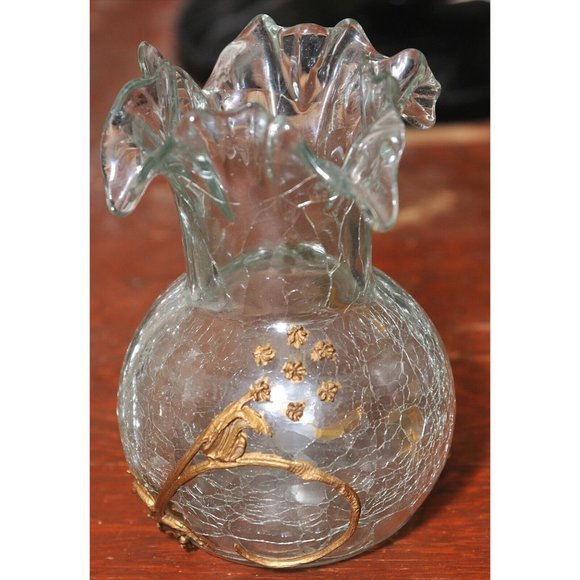 Crackle Glass Clear Ruffle Vase Brass Accents Applied Raised Detail Estate find - Picture 1 of 5